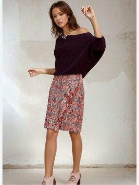 Wool blend Eva Franco Multi-Color Tweed Midi Pencil Skirt with Side Ruffle